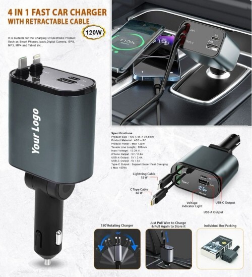 4 In 1 Fast Car Charger With Retractable Cable