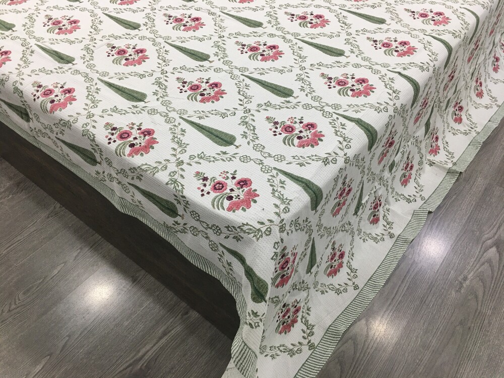 Hand Block Printed Queen Size Waffle Bedcover - Color: Multi