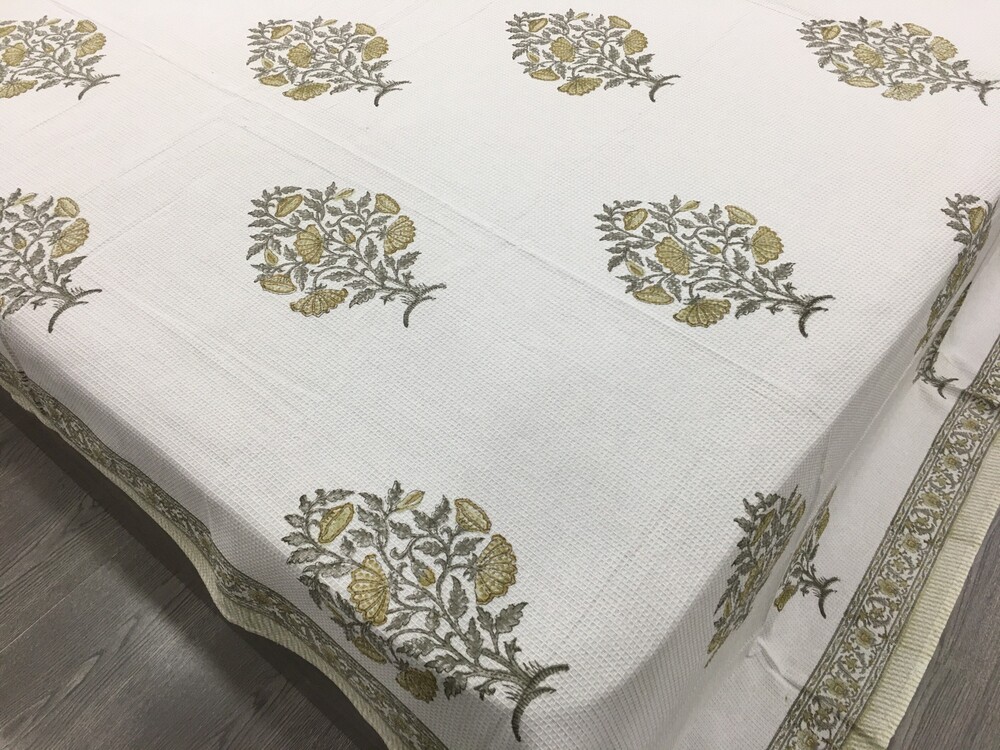 Hand Block Printed Queen Size Waffle Bedcover - Color: Multi