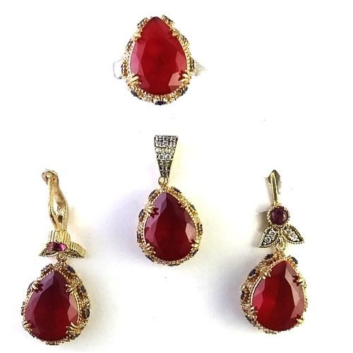 Vintage Turkish Style Sterling Silver With Brass Pendant Set - Color: Red
