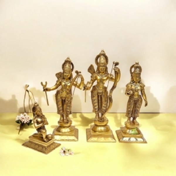 Brass Ram Darbar Family Standing Religious Decor Statue| Brass Idols ( Yellow, 19 inch)