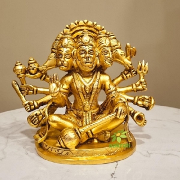 Handcrafted Brass Panchmukhi Hanuman | Perfect For Home Decor & Puja | Divine Brass Panchmukhi Hanuman Idol ( Yellow, 5.9 Inch) - Color: Yellow
