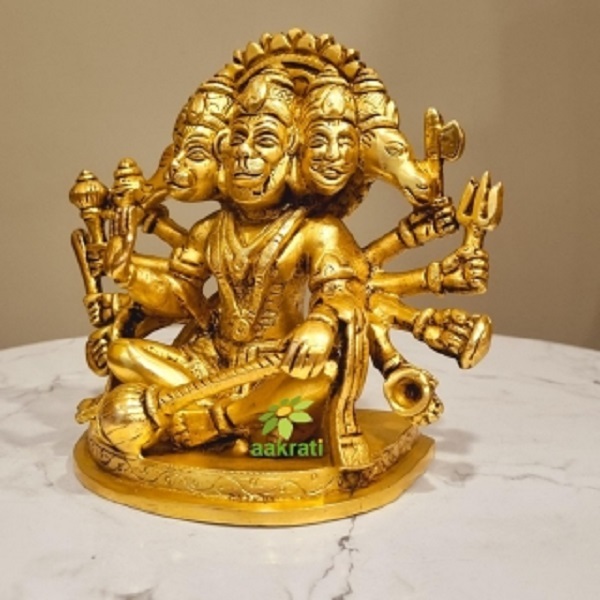 Handcrafted Brass Panchmukhi Hanuman | Perfect For Home Decor & Puja | Divine Brass Panchmukhi Hanuman Idol ( Yellow, 5.9 Inch) - Color: Yellow