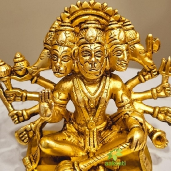 Handcrafted Brass Panchmukhi Hanuman | Perfect For Home Decor & Puja | Divine Brass Panchmukhi Hanuman Idol ( Yellow, 5.9 Inch) - Color: Yellow