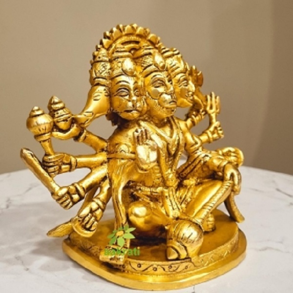 Handcrafted Brass Panchmukhi Hanuman | Perfect For Home Decor & Puja | Divine Brass Panchmukhi Hanuman Idol ( Yellow, 5.9 Inch) - Color: Yellow