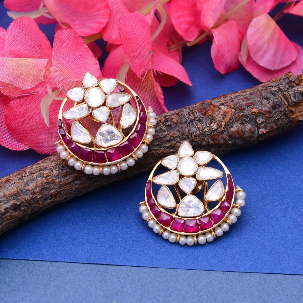 Silver Chand Bali Earrings, Ruby Earrings, White Moissanite Earrings
