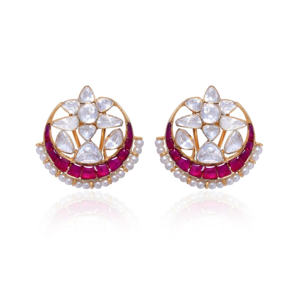 Silver Chand Bali Earrings, Ruby Earrings, White Moissanite Earrings