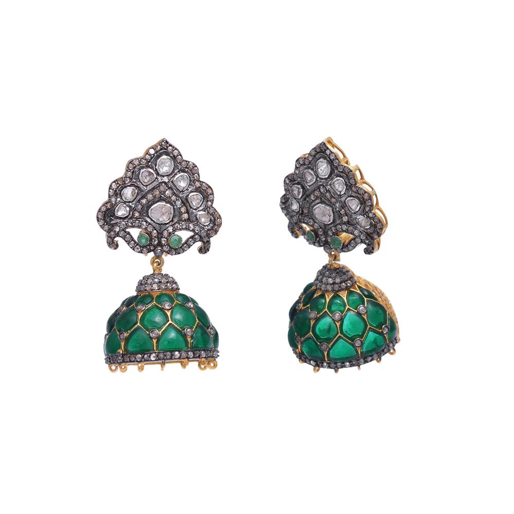 Ladies Silver Jhumka Earring, Emerald Earrings, Polki Diamond Earrings