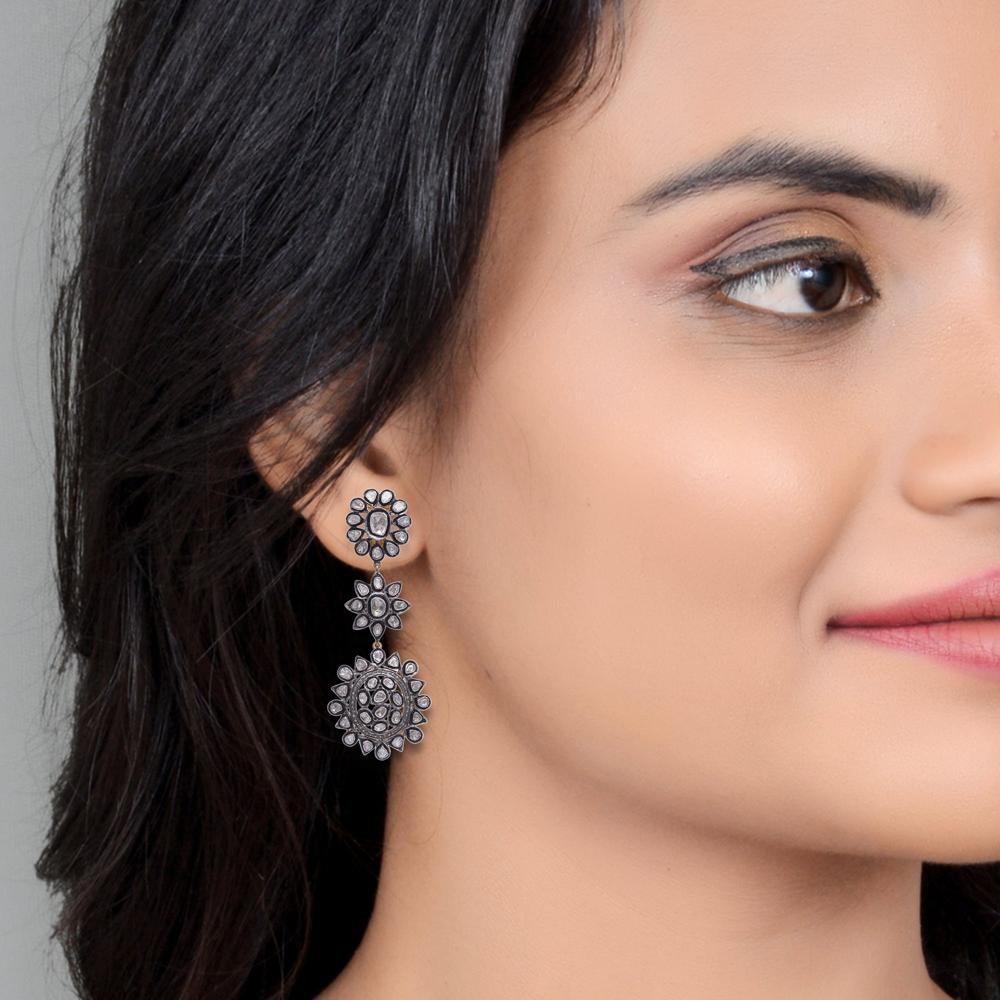 Victorian Earrings, Polki Diamond Earring, 925 Sterling Silver Earrings