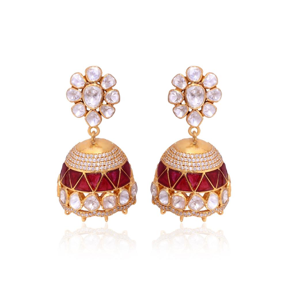 Jhumka, Ruby Earrings, White Moissanite Earrings, 925 Sterling Silver Jhumka Earrings