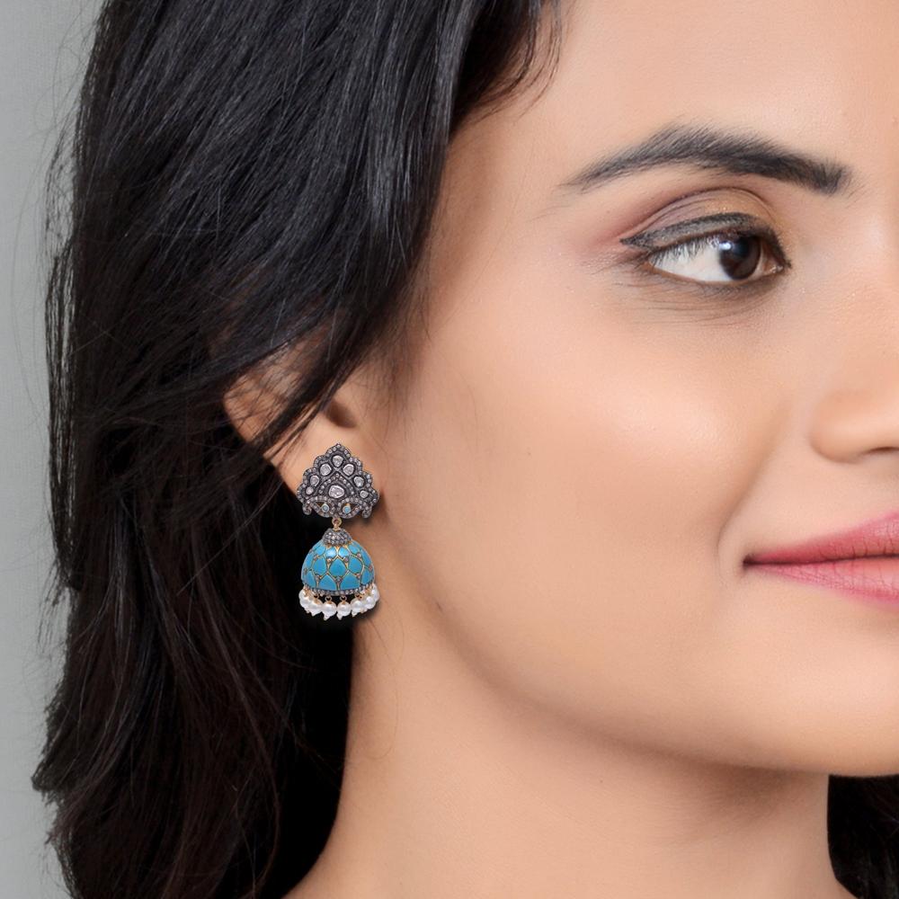 Silver Turquoise Earring, Jhumka Earring, Polki Diamond Earrings, Occasion Wedding - Gender: Women