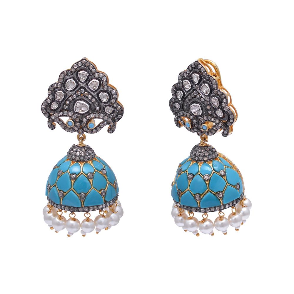 Silver Turquoise Earring, Jhumka Earring, Polki Diamond Earrings, Occasion Wedding - Gender: Women