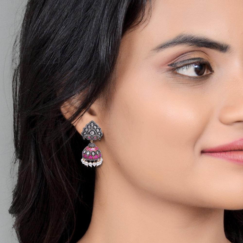 Silver Oxidized Jhumkas, Ruby Earring, Polki Diamond Earrings Occasion Wedding