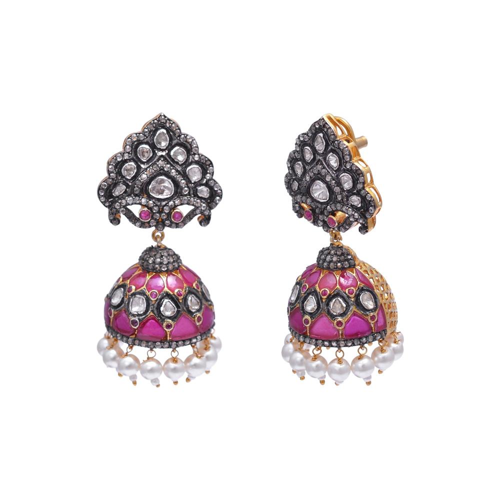 Silver Oxidized Jhumkas, Ruby Earring, Polki Diamond Earrings Occasion Wedding