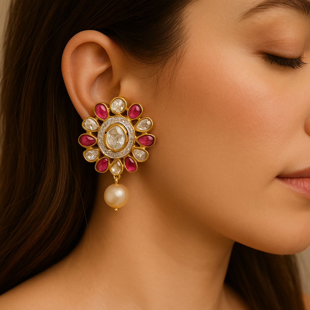 925 Sterling Silver Gold-Plated Stud Earrings with Moissanite, Imitation Ruby, Pearl & Zircon | 1.4 Inch Handmade Jewelry from Jaipur