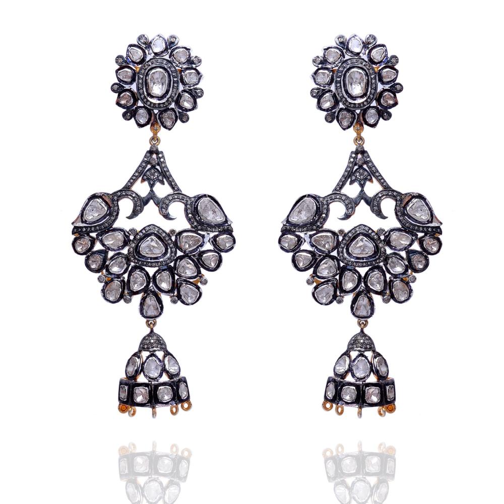 Diamond Earrings, Polki Earring, 925 Sterling Silver Victorian Earrings