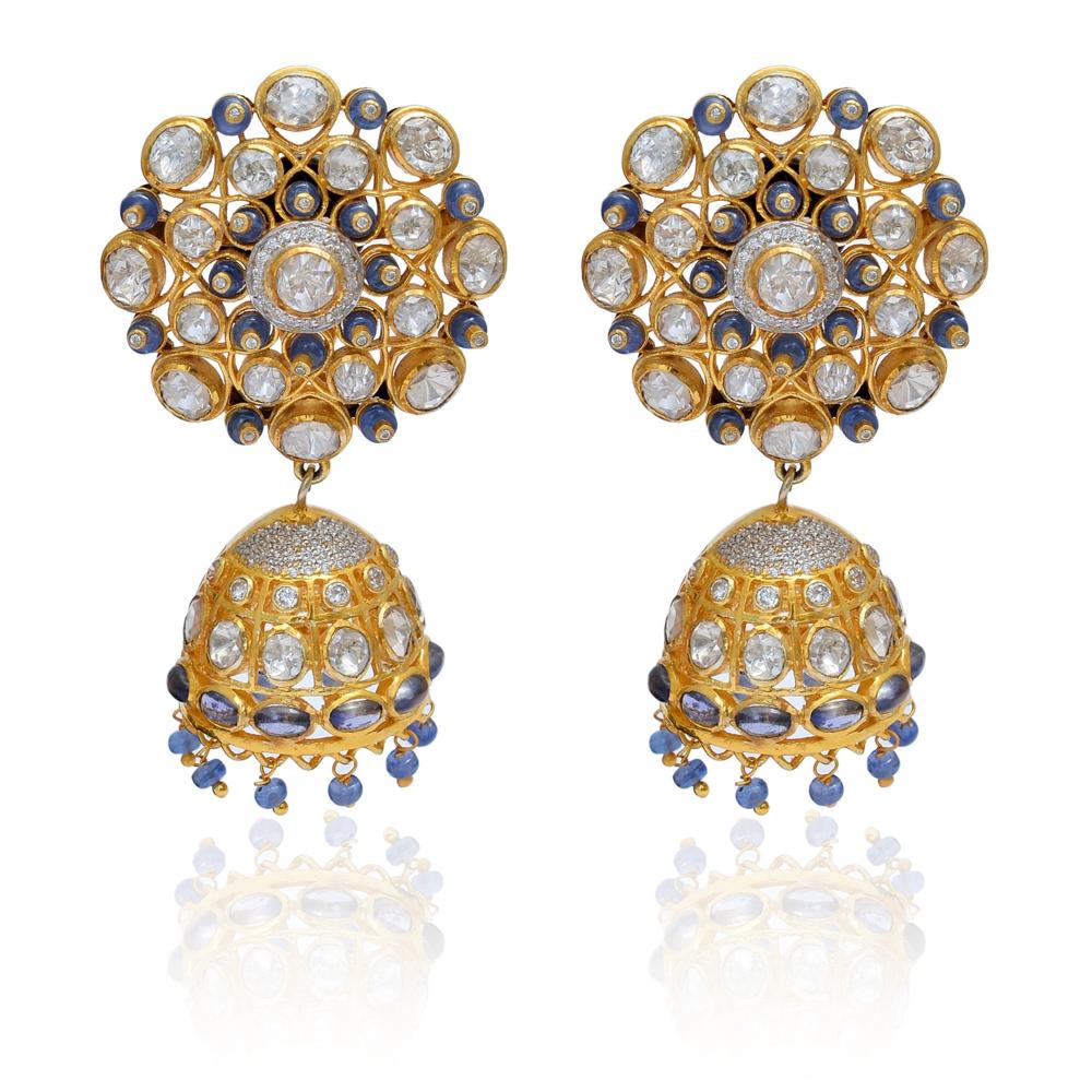 Blue Sapphire Earrings, White Moissanite Earring, 925 Sterling Silver Jhumka Earring - Design: Solitaire