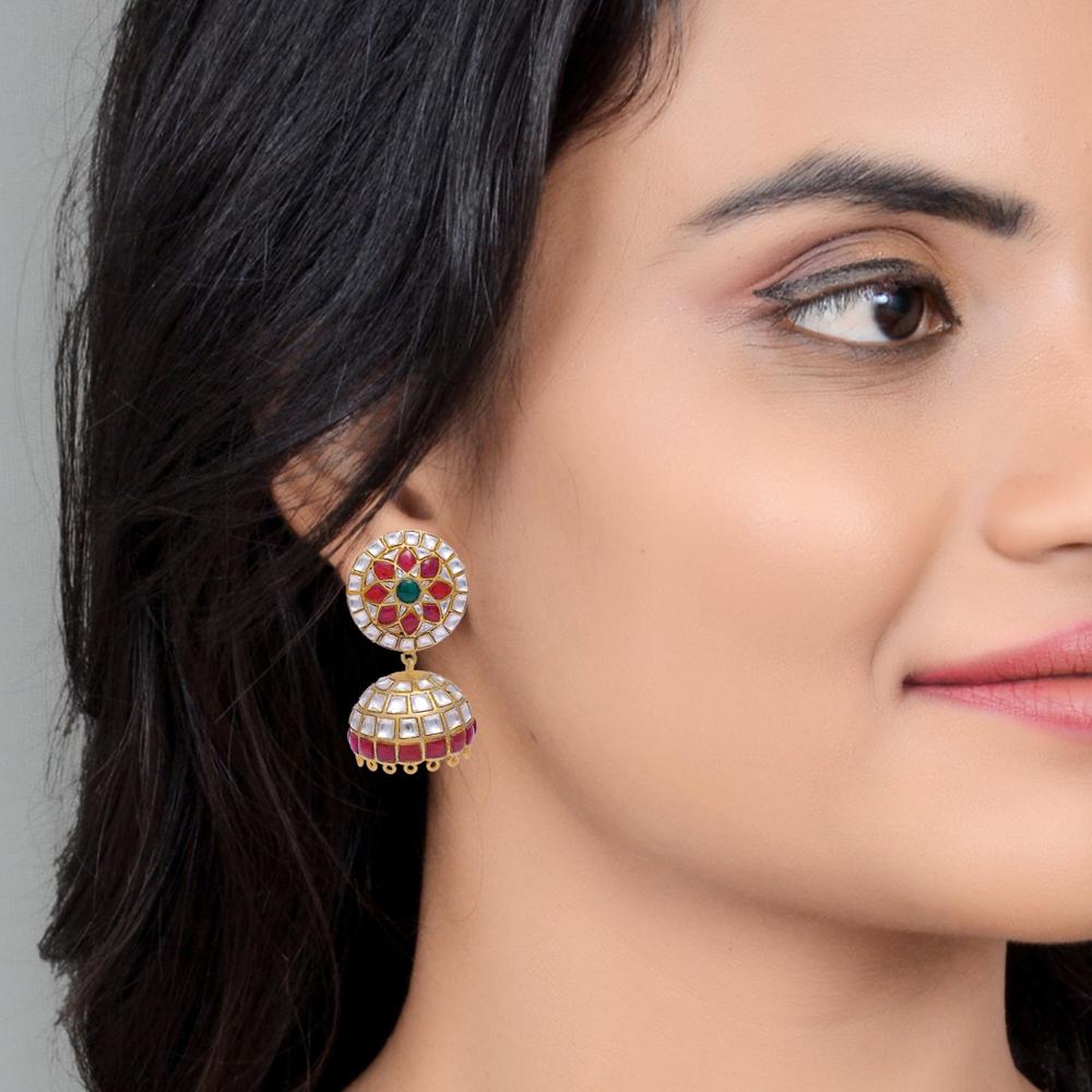 Moissanite Earrings, Jhumka Earrings, Ruby Earrings, 925 Sterling Silver Emerald Earring