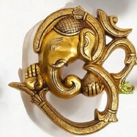 Handcrafted Brass Ganesha with Om Symbol | Auspicious Wall Hanging for Prosperity | Decorative Brass Ganesha Idol with Om ( Yellow, 8 inch)