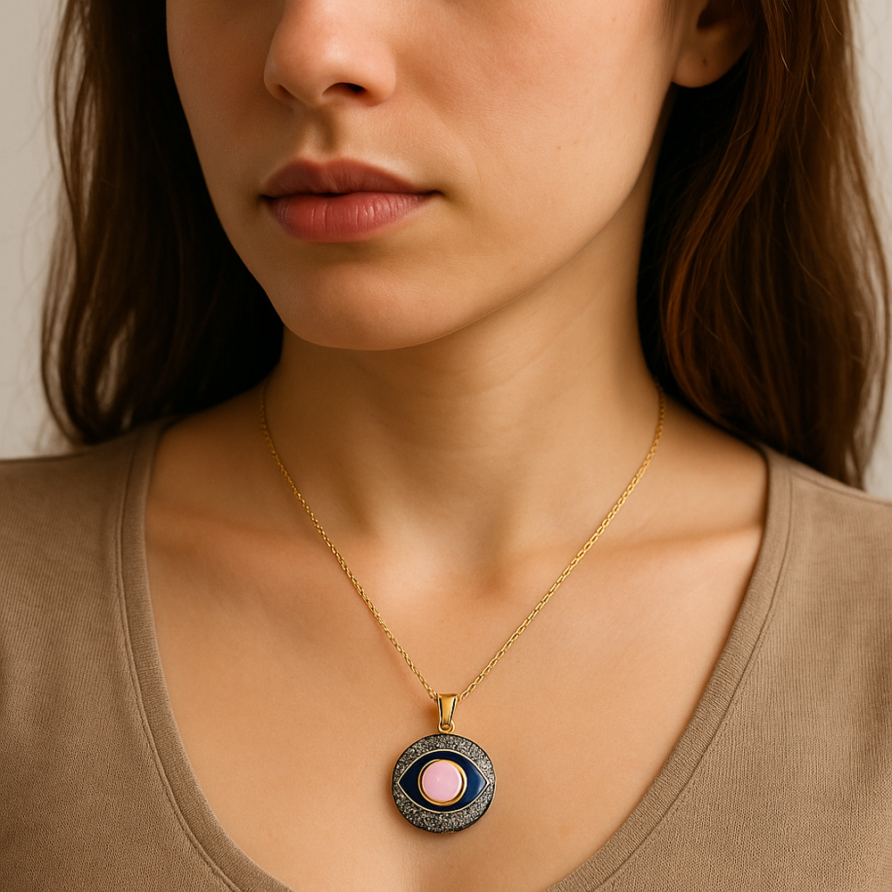 Evil Eye Pink Opal & Diamond Pendant 925 Sterling Silver Charm with Freshwater Pearl