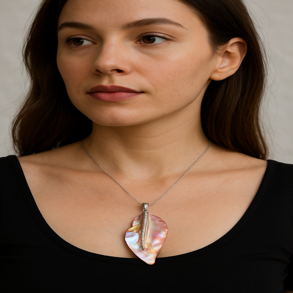 Diamond Mother of Pearl Pendant , Metallic Brown Leaf Design in 925 Sterling Silver