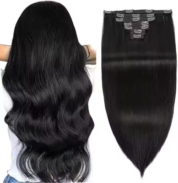 Clip in Human Hair Extensions Black 16 inch Double Weft Hair Extensions Clip in Straight Soft Silky Real Human Hair Extension