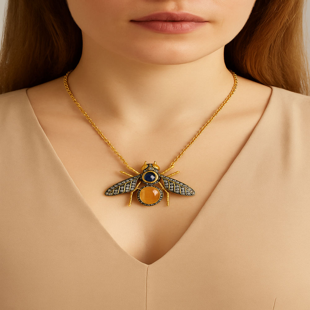Pave Diamond Honey Bee Pendant in 925 Silver, Yellow & Blue Sapphire Statement Jewelry