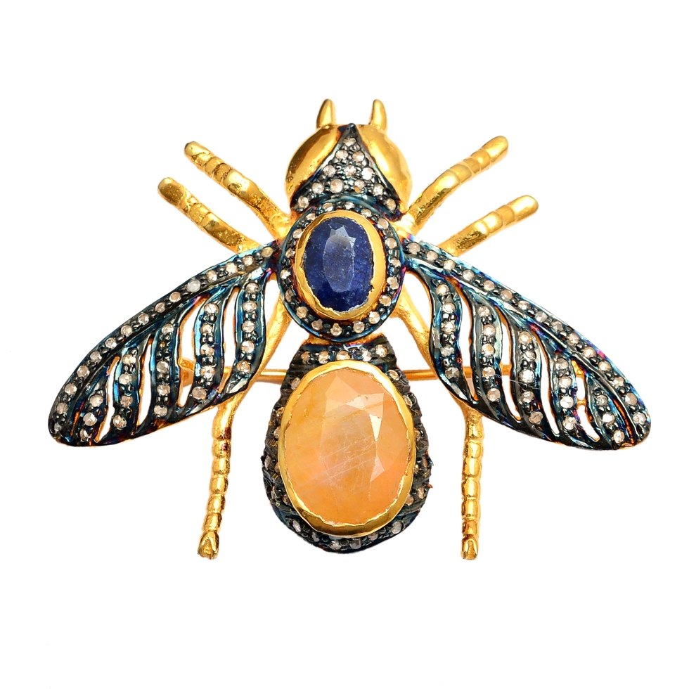 Pave Diamond Honey Bee Pendant in 925 Silver, Yellow & Blue Sapphire Statement Jewelry
