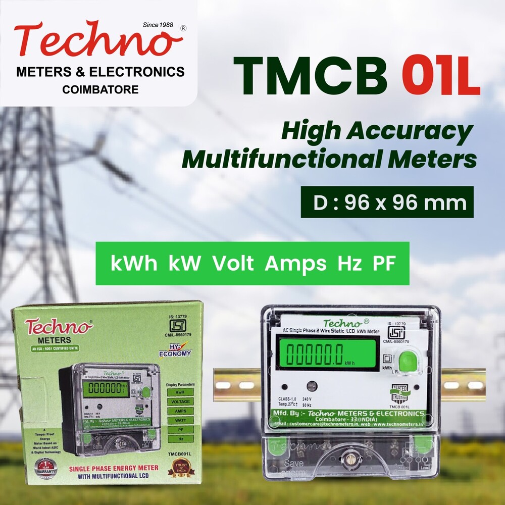 Techno Single Phase Din Rail Mount Multifunctional Meter - Height: 96 Micromete (Micron)