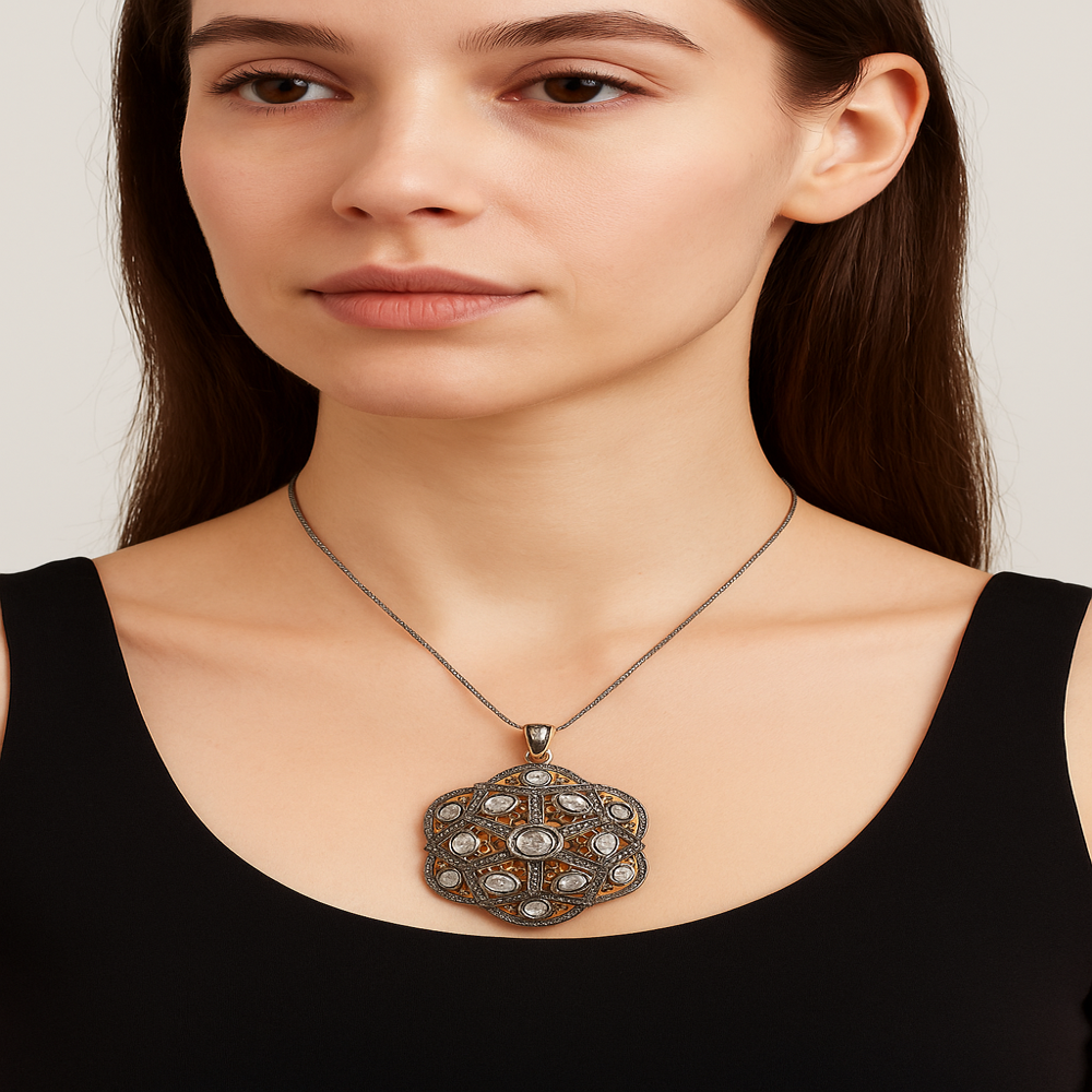 Pave Diamond Polki Pendant in 925 Sterling Silver, 2.10 Ct Iced White Diamonds, Antique Yellow Gold Finish