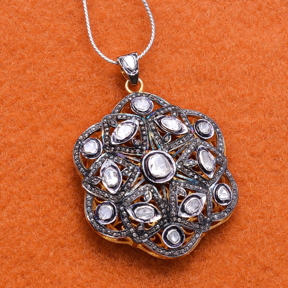 Pave Diamond Polki Pendant Crafted Sterling Silver