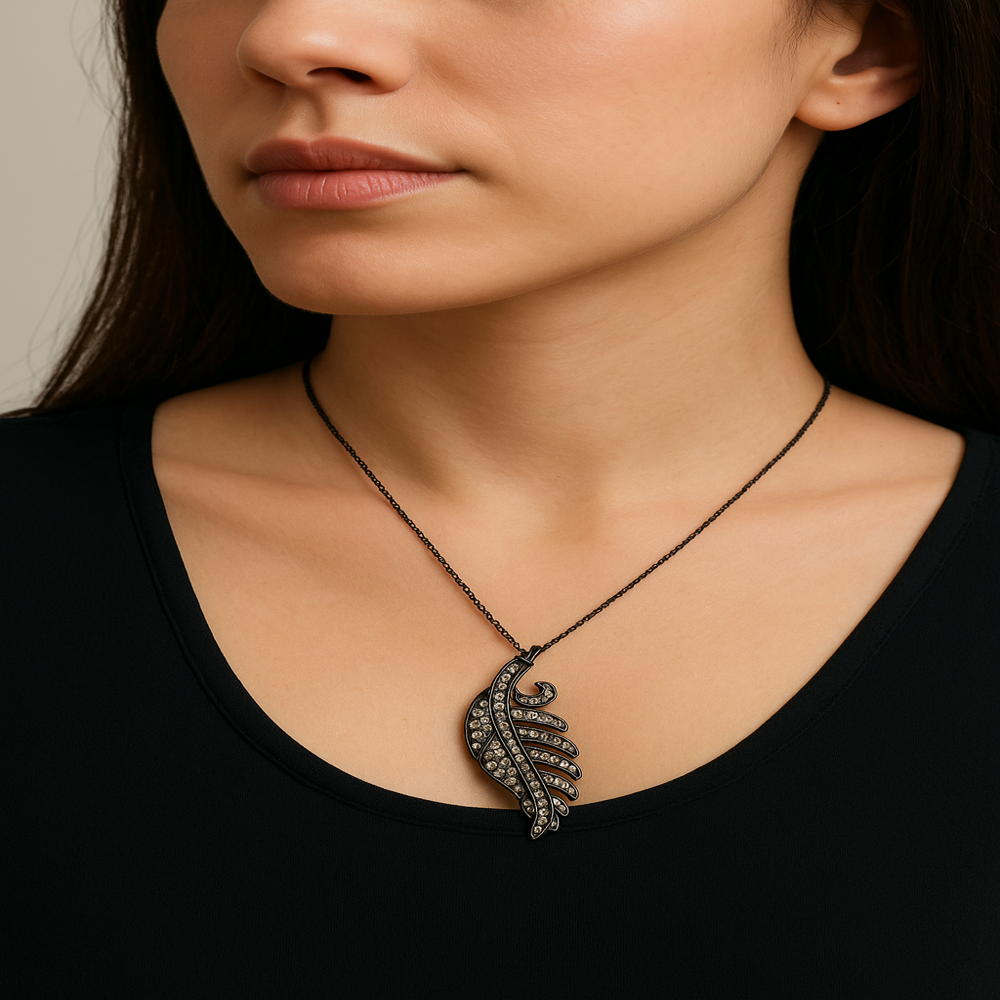 Leaf Diamond Pendant | 1.27 Ct Iced/White Diamond | Black Gold on 925 Silver | Customizable Antique Design | Jaipur Manufacturer