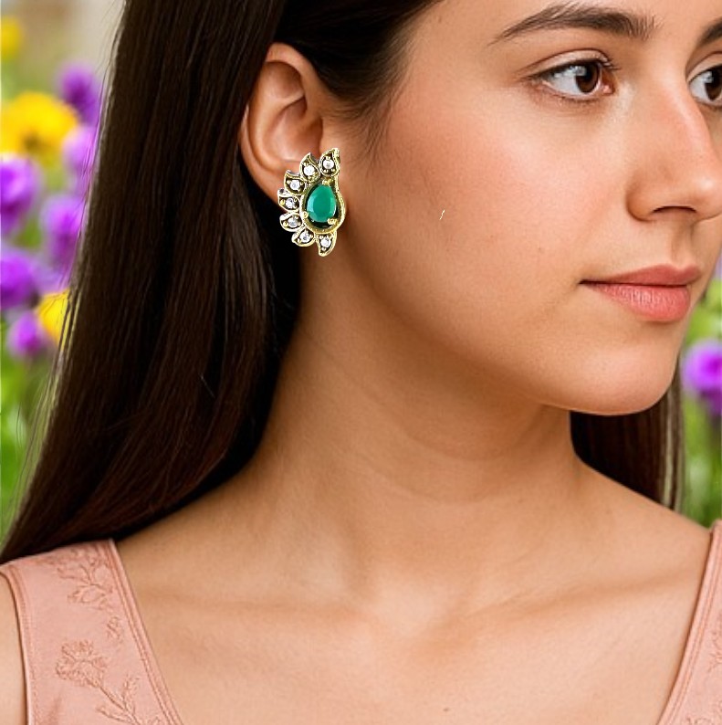 Oxidized Sterling Silver Jewelry With 1.20 Ct Pear-cut Glass Stone 925 Silver With Brass Accents, Made In Jaipur - Color: Green