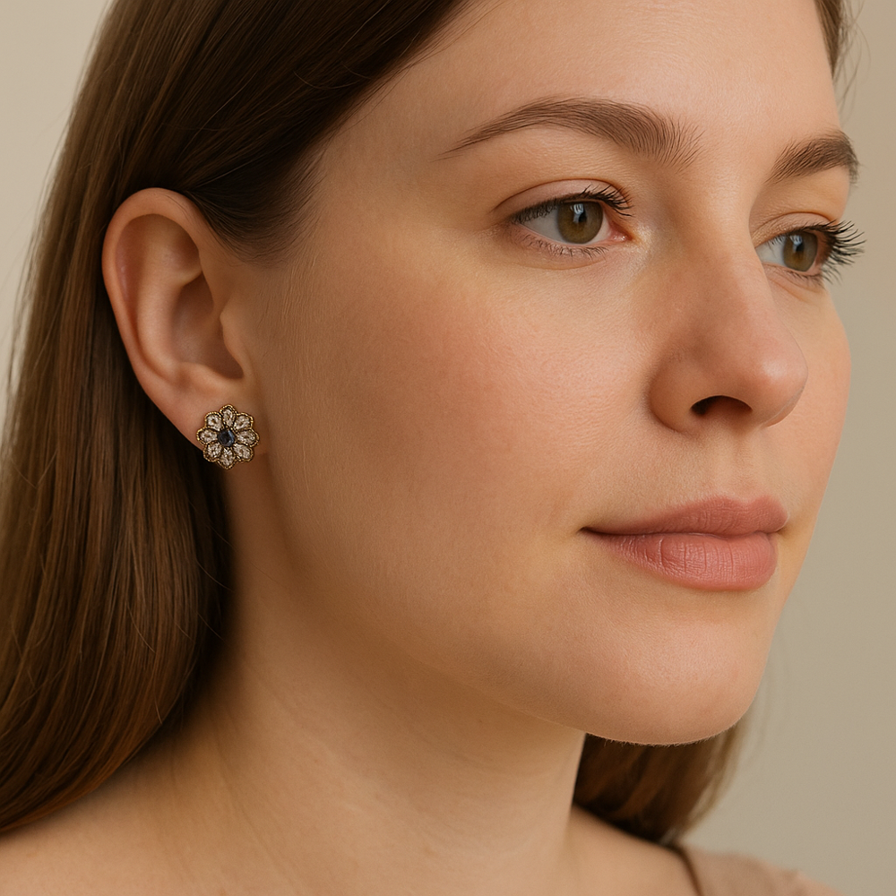 925 Sterling Silver Oxidized Ear Studs With 0.60 Ct Imitation Gemstone | Designer Round Stud Earrings | Jaipur Handcrafted Jewelry - Color: White