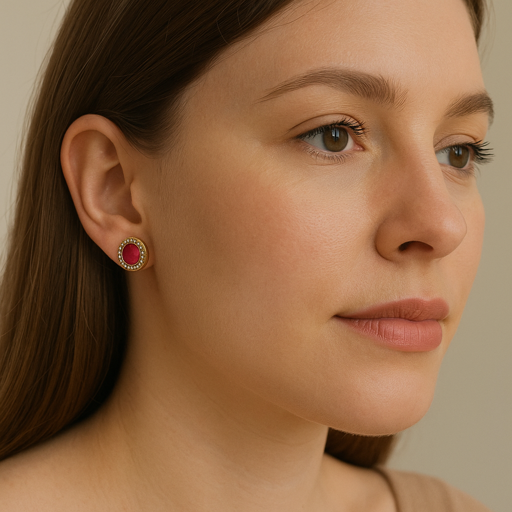 Turkish Style Stud Earrings In 925 Sterling Silver With 3.20 Ct Oval Glass Stone Oxidized Finish Jewelry From Jaipur - Color: Red
