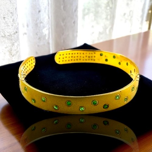 Elegant Turkey Bracelet with Diamonds & Zambian Emeralds in 18k Gold Plated Silver