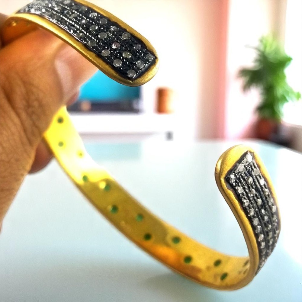 925 Silver Bangles with 0.92 Ct Diamond & 2.10 Ct Emerald, 18K Gold Plated