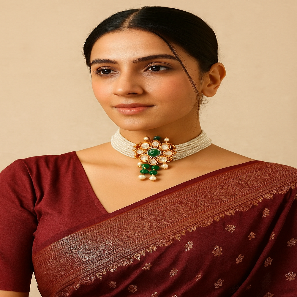 Jaipur 925 Silver Choker Necklace With Moissanite, Emerald & Pearl - Color: Yellow Gold