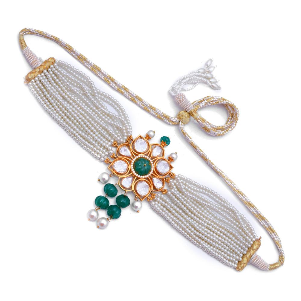 Jaipur 925 Silver Choker Necklace with Moissanite, Emerald & Pearl 
