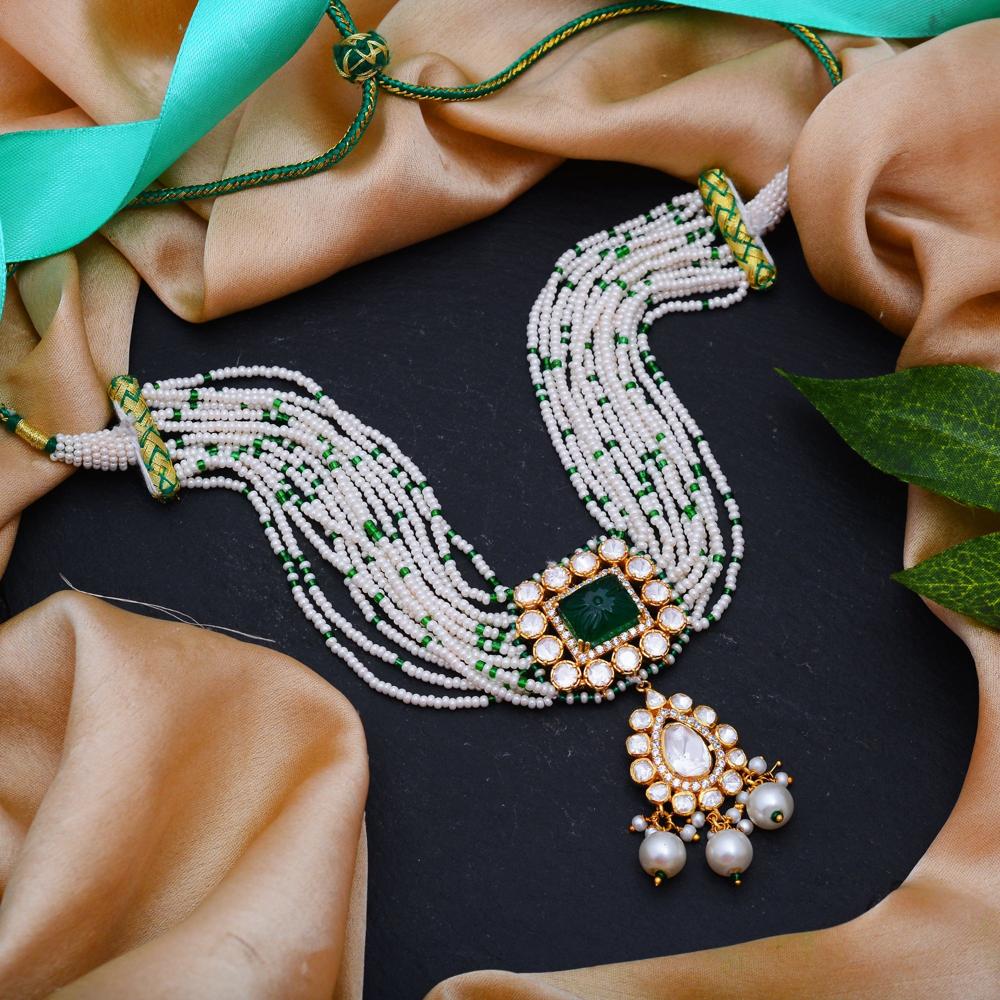 925 Silver Jaipur Choker Necklace With Moissanite, Emerald & Pearl - Color: Yellow Gold