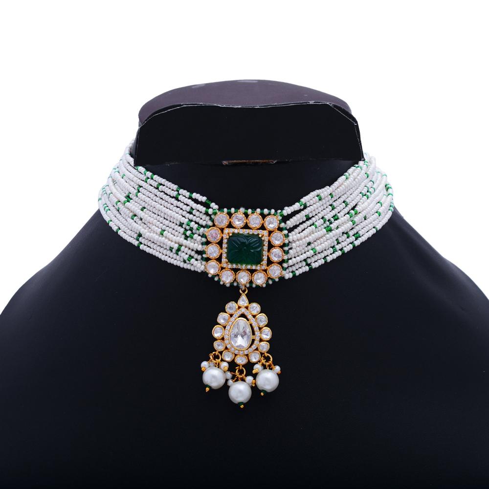 White Moissanite Necklace, 925 Sterling Silver Choker Necklace, Emerald Necklace, Beaded Necklace