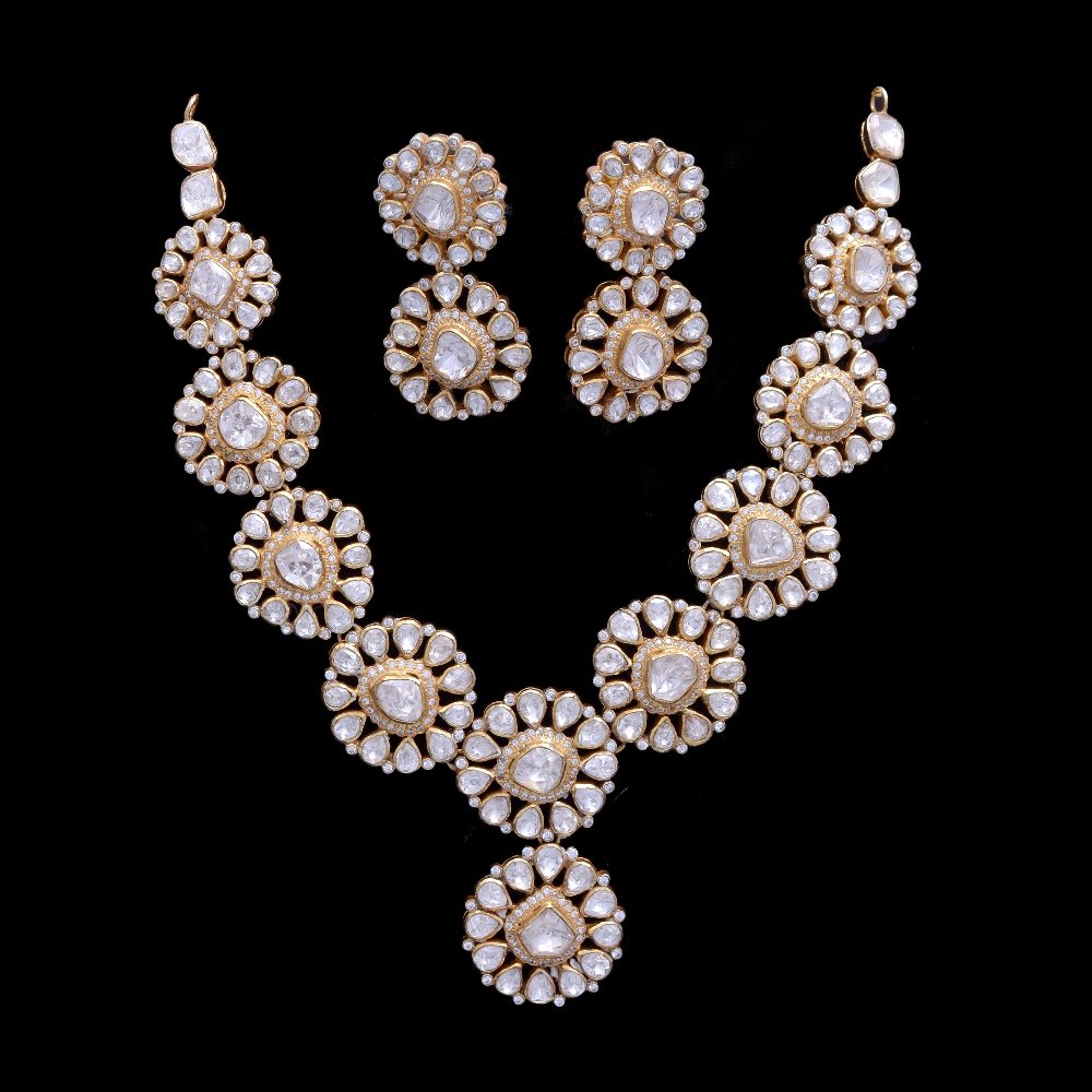 Traditional Moissanite Polki Necklace Gold over Silver Jewellery