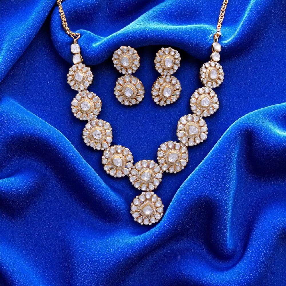 925 Sterling Silver Polki Jewelry Set with Moissanite & Carved Emerald Stones