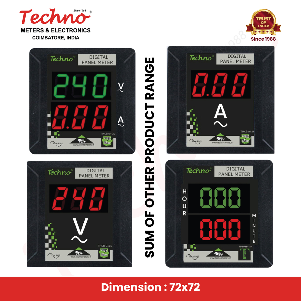 40A डिजिटल पैनल मीटर 72x72 - पॉलीकार्बोनेट, 72x72 mm साइज | टू लाइन ब्राइट एलईडी डिस्प्ले, क्लास 1 एक्यूरेसी, हाई रेजोल्यूशन, AC पावर सप्लाई