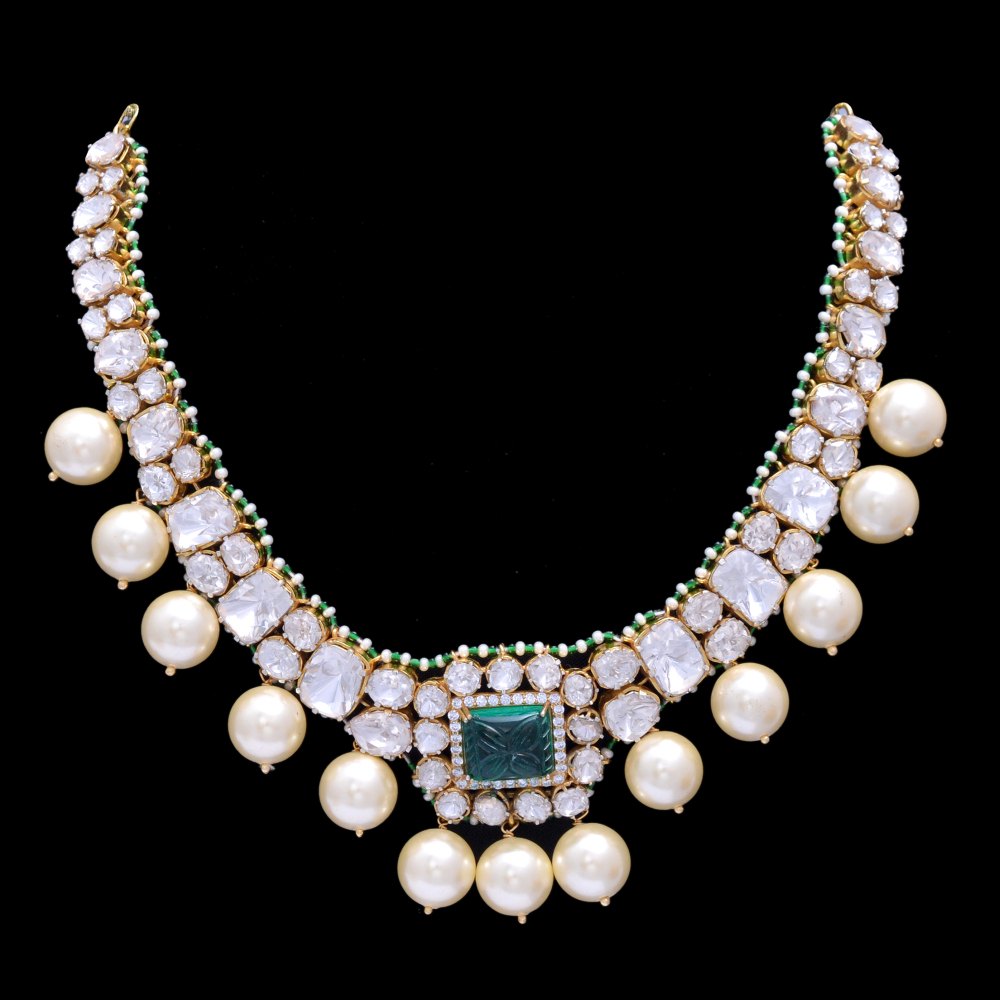 925 Sterling Silver Moissanite Polki Necklace Set With Green Carved Stone