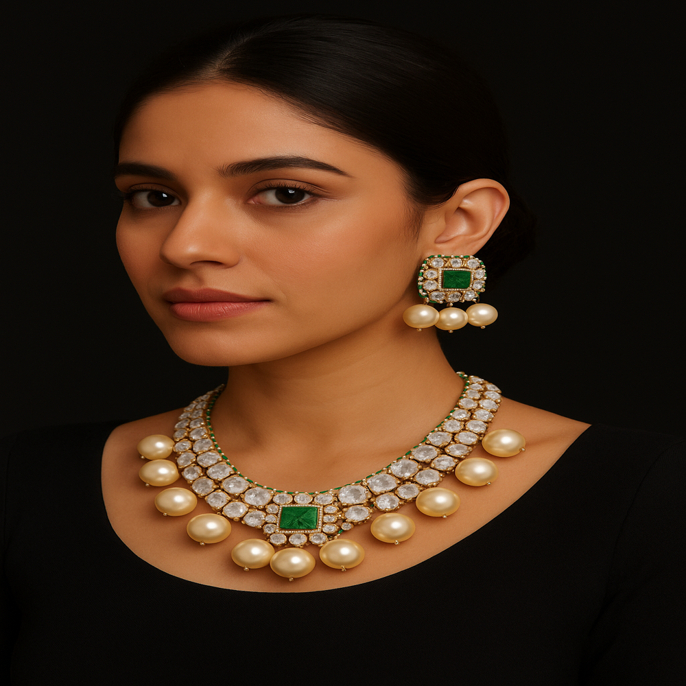 925 Silver Polki Necklace & Studs Set With Moissanite & Emerald - Design: Solitaire