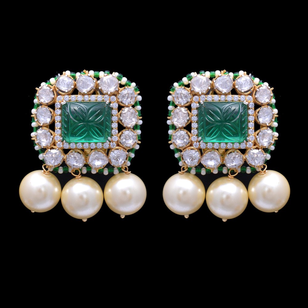 925 Sterling Silver Moissanite Polki Necklace Set With Green Carved Stone