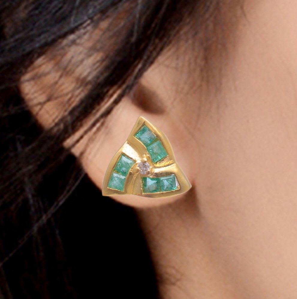 Emerald Studs In Silver With Gold Or Rose Gold Plated