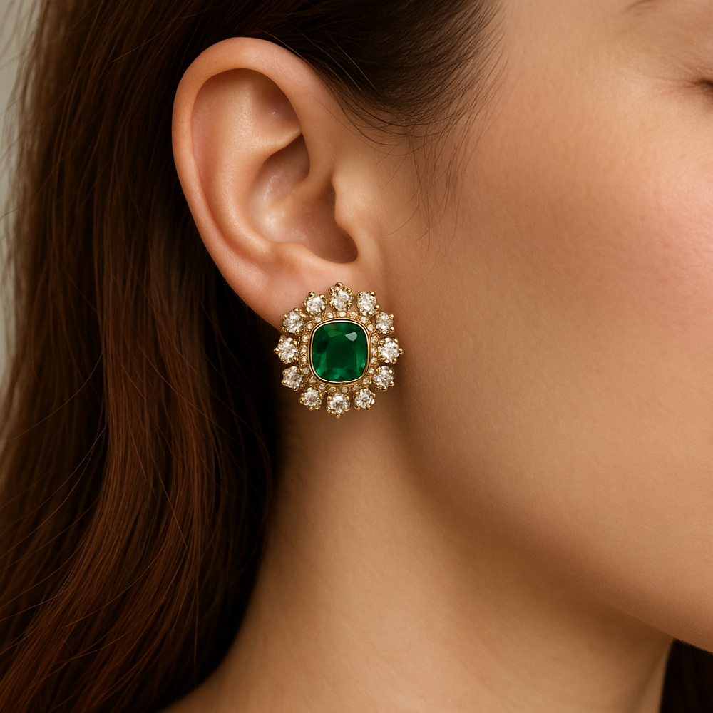 925 Sterling Silver Emerald & Moissanite Stud Earrings | Antique Gold-Plated Designer Jewelry