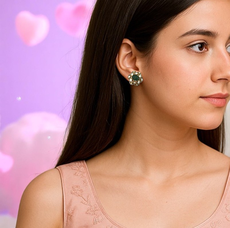 Art Deco Sterling Silver Stud Earrings with Moissanite & Green Quartz  Handcrafted in Jaipur